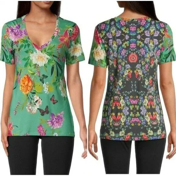 Johnny Was Panya Favorite Floral V-Neck T-Shirt Women's Size M Butterflies BOHO - Picture 2 of 15